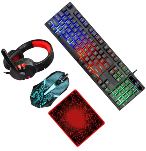 TEHAUX Backlit USB Wired Gaming Keyboard Mouse Headset and Mousepad Combo Ergonomic Design for Comfortable Use Gift for Gamers and Office Users