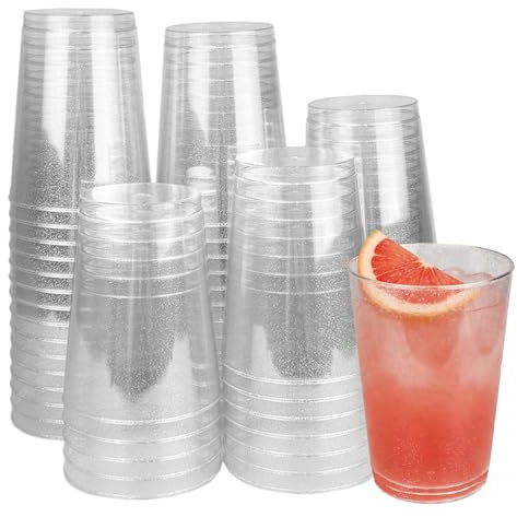 TEYIAN 50Pcs Premium Clear Hard Plastic Cups with Silver Glitter 280ml / 10oz Party Cups Reusable Glasses Plastic Tumblers for Cocktail Champagne Wine Wedding Birthdays Party