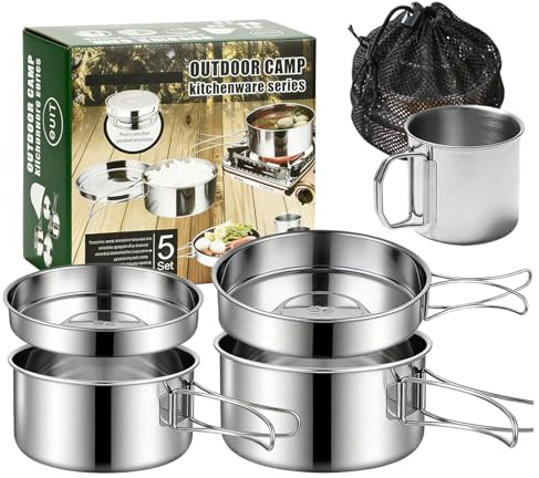 Set di 5 pentole da campeggio, in acciaio inox, da campeggio, da cucina, con coperchio e manico, pieghevole e impilabile, per escursioni, picnic, viaggi