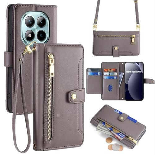 betterfon Handyhülle mit Portemonnaie für Xiaomi Redmi Note 15 Pro+ - Tasche mit Reißverschluss, 5 Kartenfächer und 2 abnehmbare Ketten,Grau