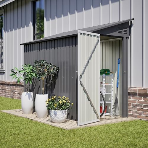 FammyLoft Gartenhaus Metall, 242 x 124 x 192cm, Garten Geräteschuppen Metall, Gerätehaus mit Abschließbarer, Gartenschrank Wasserdicht für Outdoor, Inkl Metallfundament, Grau