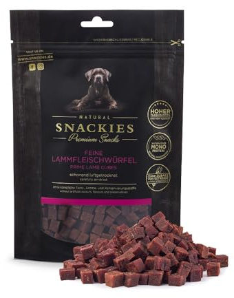 SNACKIES Premium Snacks für Hunde, ohne Zusatz von Getreide, Zucker, Farb-, Aroma- und Konservierungsstoffe, schonend luftgetrocknete Leckerli, Feine Lammfleischwürfel 170g