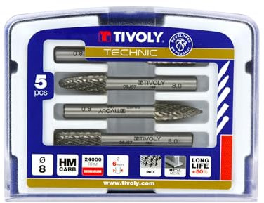 TIVOLY - Coffret de 5 Fraises Limes Ø8 mm pour Métaux - Queue Cylindrique Ø6 mm - Tête Carbure de Tungstène - Denture Brise-Copeaux
