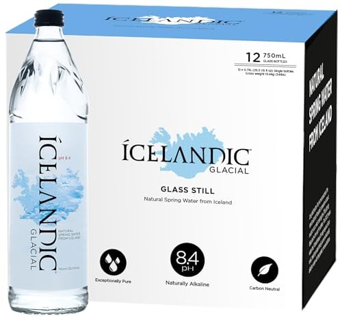 Icelandic Glacial Premium Still Water 12 x 750ml Glass Bottles – Alkaline/Low PH, Recycled Packaging, BPA Free, Carbon Neutral from Icelandic Spring. Low TDS and Mineral Content.