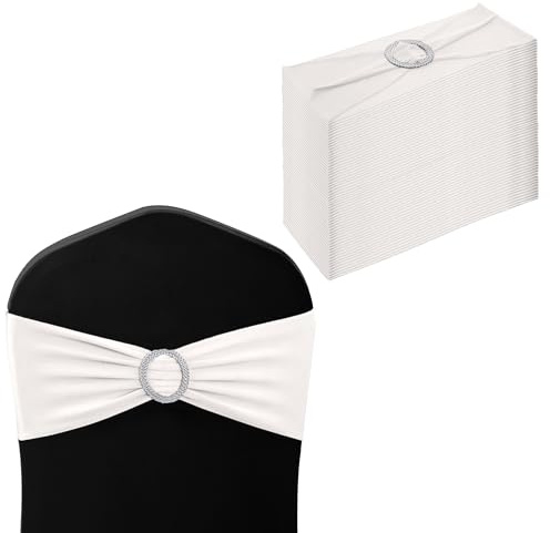 WedDecor Stretch Chair Bands Plain Spandex Band with Slider Buckle for Wedding Party Chair Decoration, Events Supplies, Formal Meeting, White, 13 x 6 Inches, 50pcs | Stretch Chair Sashes for Wedding Party Chair Decoration, Event Supplies, Formal Meeting, 13 x 6 Inches