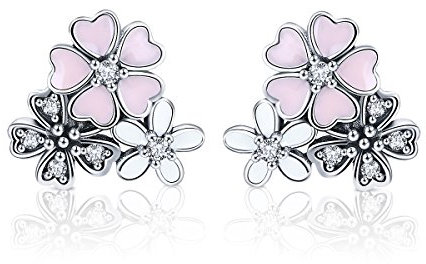 Pendientes de tuerca de plata de ley con esmalte de cristal y flor rosa para mujeres y niñas, joyería fina de moda, Cristal Plata de ley