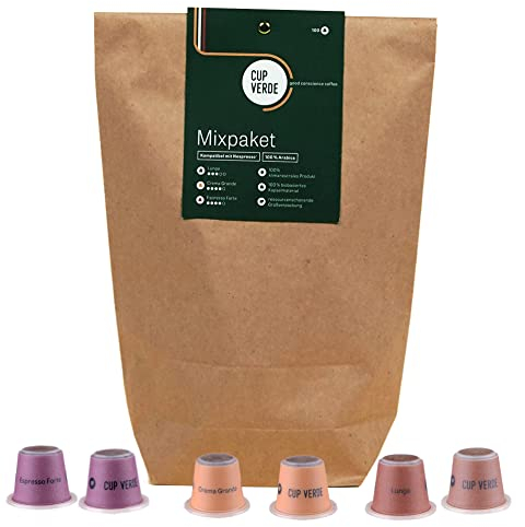 CUP VERDE – 100 Kaffeekapseln MIXPAKET kompatibel mit Nespresso* 3 Sorten - CREMA - LUNGO - ESPRESSO/Heim Kompostierbar – Premium Kaffee - schonend geröstet