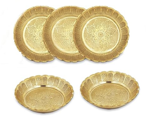 Shubhkart Massives Messing Deko Nakshi Teller Set für Puja, Dekoration & Diwali Geschenke (Klein 7cm, 5 Stück, Massives Messing)