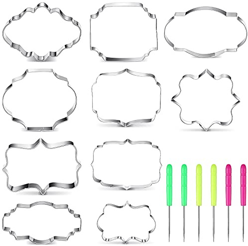 Geiserailie 10 Pieces Plaque Frame Cookie Cutter & 6 Sugar Stirring Pins - Stainless Steel Biscuit Cutter & Fondant Cake Decorating Tools - Kitchen Baking