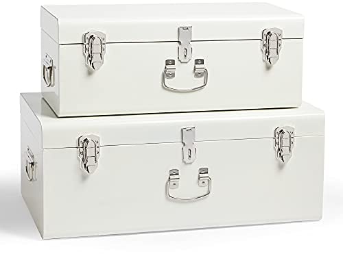 Beautify Storage Trunks, Set of 2 Cream Stainless Steel Storage Chests w/Silver Detailing, Stackable Bedroom Organisers w/Lockable Lids, Sturdy Multi-Purpose Bedding, Blanket & Toy Box