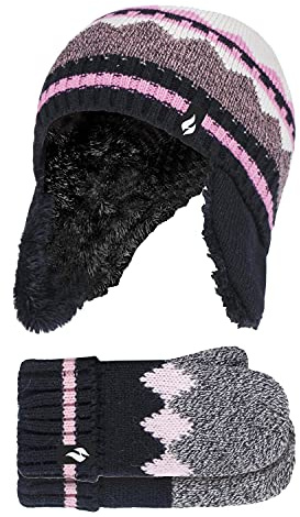 HEAT HOLDERS - Mädchen Schneeflocke Muster Mütze mit Pom Pom und Ohrenschutz und Fäustlinge (3-6 Jahre, Schwarz)