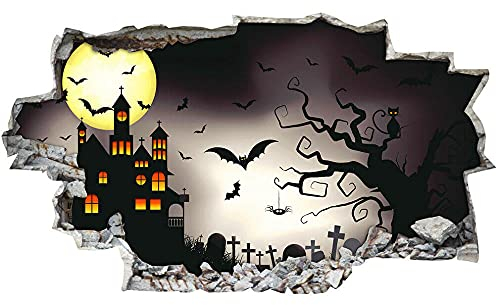 Wandtattoo - Schloss Mond Baum Katze Halloween Wandkunst Aufkleber Aufkleber Vinyl Zimmer 3D Aufkleber für die Wand - Wanddekoration - 80x125cm