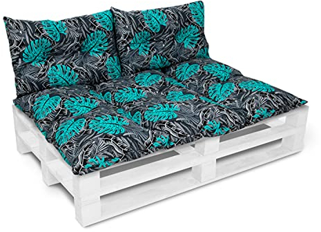 Amilian Palettenkissen Set 1x 120x80 cm+ 2X 40x60 cm- Auflagen, Kissen & Polster, Ideal für Indoor und Outdoor Nutzung- Bodenkissen, Robustes Palettenkissen Outdoor - Monstera Türkis Schwarz