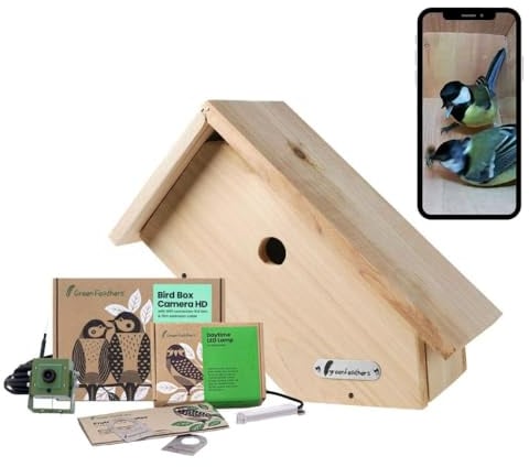 Green Feathers WiFi 1080p HD Birdbox Camera with Side View Birdbox, Recording and Night Vision, Garden Wildlife Camera for Bird Watching on Phone & Tablet (Complete Pack, UK Power Supply)
