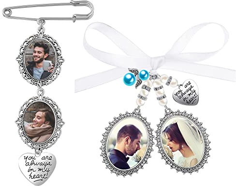 JKJF 2 Stück Brautstrauß Rohlinge Foto Anhänger Wedding Bouquet Memory Charms Doppel Ovale Glas Cabochons Lünette Tabletts Bilderrahmen mit Herz Engel Anhänger für Hochzeits Verlobungsfeier - Stil 2