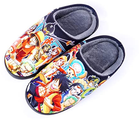 Roffatide Anime One Piece Fuzzy Slippers Straw Hat Crew Luffy Roronoa Zoro Closed Toe Open Back Slippers with Rubber Sole House Slippers Non-Slip Indoor Plush Shoes for Women 7-8/ Men 7.5-8.5