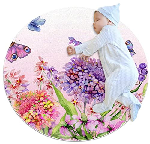 Teppiche für Schlafzimmer, Wohnzimmerteppiche, runder Teppich, runder Teppich,Lila Blumen Schmetterling mit Blumen