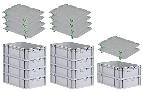 PROREGAL SparSet 10x Eurobox NextGen Grip mit Auflagedeckel & 4 grünen Schiebeschnappverschlüssen, HxBxT 17x40x60cm, 34 L, Grau, Griffe geschlossen, Eurobehälter, Transportbox