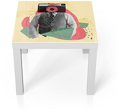DEQORI Glastisch | weiß klein 55x55 cm | Motiv Mann mit Kamerakopf | ausgefallener Beistelltisch aus Glas | Hochglanz Couchtisch fürs Wohnzimmer | moderner Couch Tisch mit Design