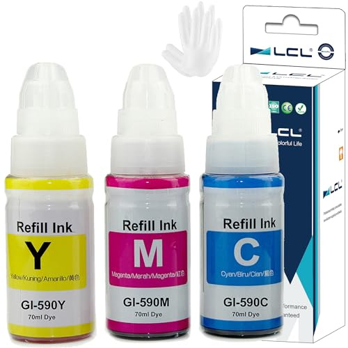 LCL Kompatibel Tintenbehälter GI-490 GI-590 GI-590BK GI-590C GI-590M GI-590Y (CMY Dye 70 ML) kompatibel für Pixma G1400 G1410 G2400 G2410 G3400 G4400 G4411 G1500 G1510 G2500 G2510 G3500 G3510 G4500