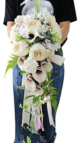 LSGGTIM Hochzeit Bouquet Braut, Wasserfall Calla Lily Rose Hochzeitsstrauß Wasser Tropfen Künstliche Bridal Rose Bouquet Calla Lilien Brautstrauss Rosenstrauß für Zeremonie Jahrestag Braut Party