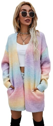 HEYPORK Damen Herbst Winter Warm Bequem Jacke Casual Mode übergangsjacke Mantel Frauen Pullover Regenbogen Mittlere Länge Strickjacke Tasche Gestrickt Jacke(Rosa, 3XL)