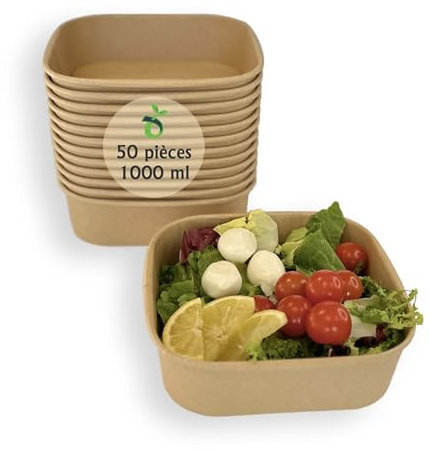 ECOPICNIC 50 Pack Square Kraft Salad Bowls 1000 ml | Eco-Friendly Disposable Food Containers for Salads, Soups, Snacks, and Desserts, Ideal for Takeaway and Catering