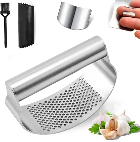 Prensa de ajo. Picadora de Ajos de acero inoxidabl. Kit de Prodcutos: Machador de ajos, Protector de cortes en los dedos, Pelador de ajos de silicona y cepillo para limpieza. Ideal para la cocina.