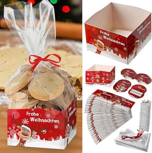 Gebäcktüten Pralinenschachtel 36er Set | Pappschachtel Polybeutel Anhänger Band | Weihnachtsplätzchen Pralinen Geschenktüten (1 x 36er Set Gebäckschachteln)