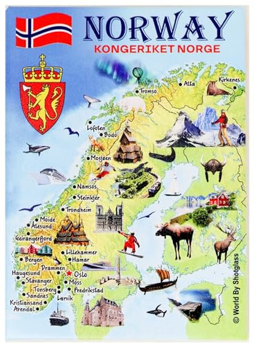 Kühlschrankmagnet, Motiv: Norwegen, Karte und Sehenswürdigkeiten, Souvenir, 6,3 x 8,9 cm