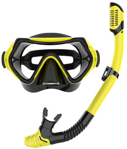 JRing Schnorchelset Erwachsene, Taucherbrille und Dry Schnorcheln Set Anti-Leck & Anti-Fog Schwimmbrille Schnorchelmaske Tauchmaske für Herren und Damen (Gelb)