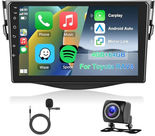 Hodozzy 8 Core 4G+64G Autoradio für Toyota RAV4 2007-2012 Android 9 Zoll IPS Touchscreen Bildschirm Navi Carplay Wireless Android Auto Mirror Link 2 DIN Radio Bluetooth DSP WiFi FM RDS Rückfahrkamera