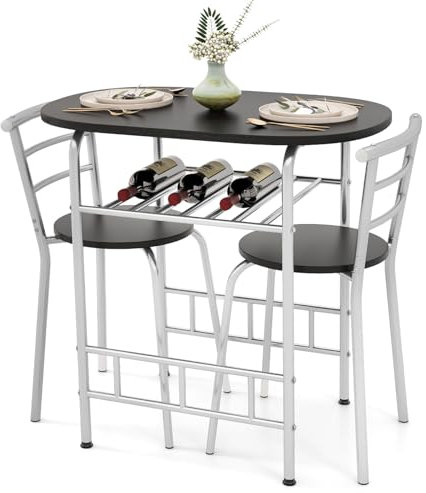 GIANTEX 3-teiliges Esszimmer-Set, 1 kleiner ovaler Tisch und 2 Stühle, mit Flaschenhalter, Tischplatte mit Holzmaserung, robuster Metallrahmen (Natur) (Silber)