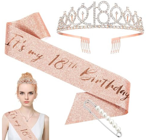 Forhandy 18. Geburtstagskrone Mädchen, 18 Geburtstag Geschenke Rose Gold Geburtstag Krone Schärpe und Strass Tiara, Birthday Deko Geschenk Frauen Mädchen Party Accessoires