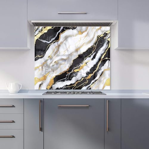 Premium White And Gold Marble Effect Kitchen Splashback 6mm Toughened Glass Kitchen Splashback – Heat Resistant Splashback for Kitchens, Perfect for Cookers and Hobs, Polished Edges