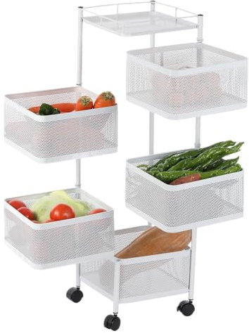 Vegetable Rack 6 Tier, Rotating Kitchen Storage Rack, Fruit Vegetable Storage Rack on Wheels, Detachable Storage Trolley Cart, for Kitchen /Living Room/Bedroom/Household Corner Organisation, white.