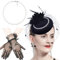 KARLOR Vintage Hut Schleier 3 Pcs Set Hut Handschuhen Perlenkette, Damen Haarschmuck Vintage 1950er Kopfbedeckung Damen Hut Kopfschmuck Gesichtsschleier Federn Perlen Mesh Hüte Party Halloween Cosplay