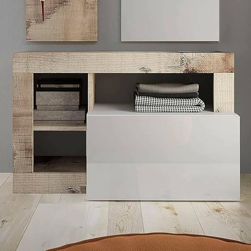 Dmora - Schuhschrank Varano, Schuhregal, Mehrzweck-Eingangsgarderobe, Möbel für Schuhe, Made in Italy, 91x35 h58 cm, Glänzendes Weiß und Akazie