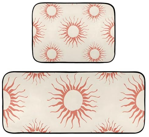 Küchenteppich-Set, rutschfest, waschbar, Küchenmatten, 2 Stück, Sonnenmilchig, Boho, Anti-Ermüdung, Bodenmatte, Stehmatte für Küche, Flur, Läufer
