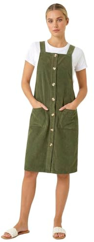 Roman Originals Corduroy Pinafore Midi Dress for Women UK - Ladies Everyday Autumn Winter Square Neckline Comfy Soft Evening Vacation Work Party Night Out - Khaki - Size 16