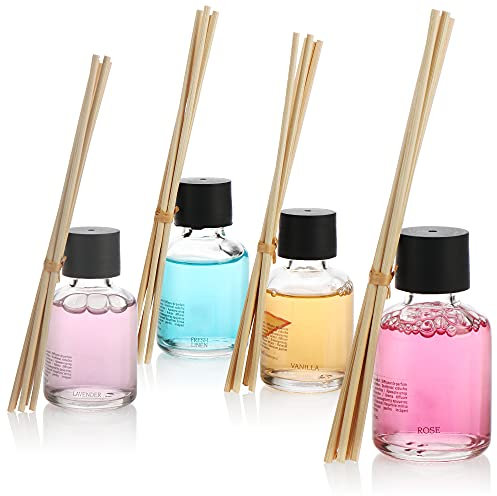 COM-FOUR® 4X Lufterfrischer, Bezaubernder Raumduft in Vier tollen Duftrichtungen, Duftölflakon mit Holzstäbchen, duftendes Raumparfüm (4 Stück - je 30ml - Mix)