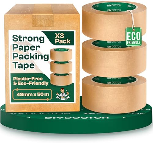 DIY Doctor 3 Rolls Brown Packing Tape (48mm x 50m) – Eco-Friendly Kraft Paper Parcel Packaging Tape – Strong Packing Tape for Shipping, Boxes & DIY Projects