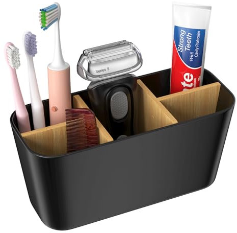 Noxtioanip Soporte para Cepillos de Dientes, Particiones de Bambú Porta Cepillo de Dientes, Organizador Cepillos de Dientes de 5 Compartimentos, para Oficina, Sala, Estar Cocina (Negro)