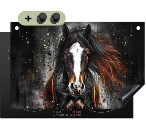 KitchenYeah© Herdabdeckplatte Einteilig Ceranfeld Abdeckplatte Küche Deko | 80x52 cm - Ceranfeldabdeckung Herdabdeckung Induktionsmatte, Spritzschutz Herd Pferd - Tiere - Schwarz - Luxus - Modern