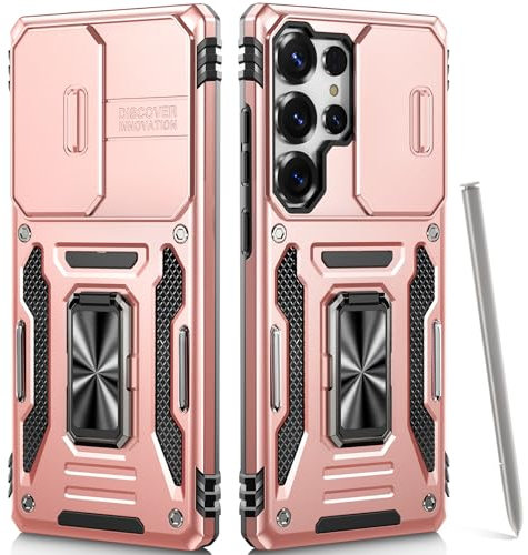 OLHAOMAO Coque pour Galaxy S25 Ultra avec Support,[Anneau Magnétique][Coque Coulissante pour Appareil Photo] Protection D'objectif Militaire pour Samsung S25 Ultra 6,8, Rose