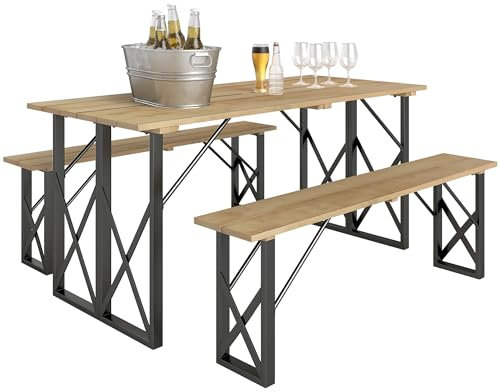 Outsunny Ensemble Table et bancs en Bois, Table de Pique-Nique en Bois avec Banc pour 6 à 8 Personnes, 160 cm, avec Trou pour Parasol de 5 cm, Cadre en Acier, Marron