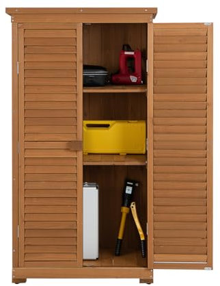 HOMASIS Gartenschrank Holz, Gerätehaus Wetterfest Outdoor, 87x47x160cm, Gartenhaus mit 2 verstellbaren Regalen, Geräteschuppen mit Asphaltdach, Geräteschrank Gartenschuppen Holzschuppen, Natur