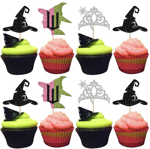 24 Pack Magic Witch Theme Cupcake Toppers Glitter Crown Black Witch Hat Cupcake Picks Pink Green Wizard Cake Decorations for Witch Wizard Theme Baby Shower Birthday Party Cake Supplies