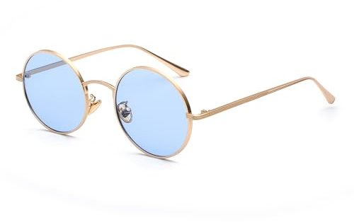 Hviomru Kleine Runde Sonnenbrille Hippie Kreis Brille Metallfarben für Damen Herren Gold/Blau