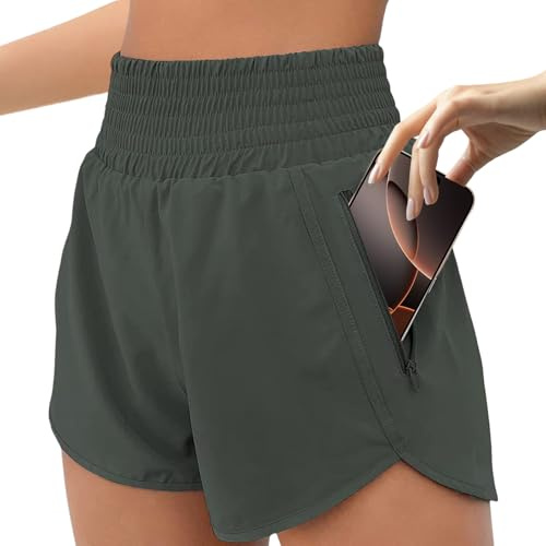 JiaYouLC Womens 2 in 1 Running Shorts with One Side Pockets Double Layer Quick Drying Lightweight Activewear Shorts for Workout Sport Training Jogging Gym (UK, Alpha, XL, Regular, Regular, Green)